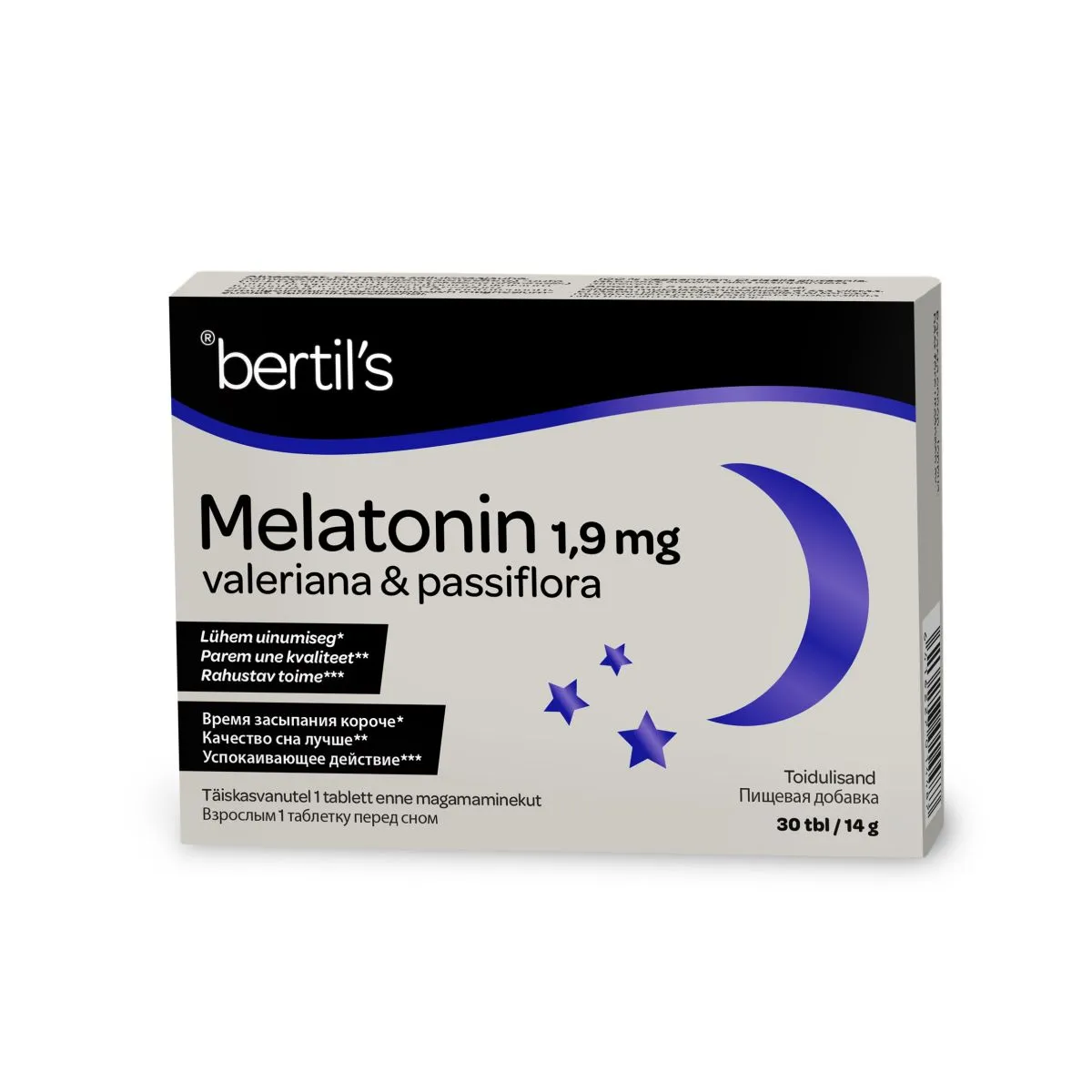 BERTILS MELATONIN 1,9 MG VALERIANA&PASSIFLORA N30 - Product Image