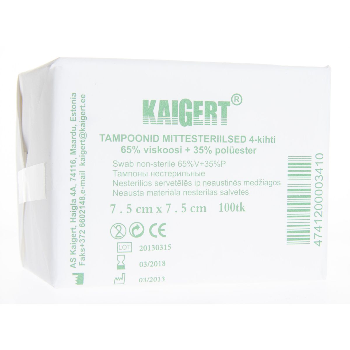 TAMPOONID LAUSMAT (MITTESTERIILSED) 7,5X7,5CM N100 (KAIGERT) - Product Image